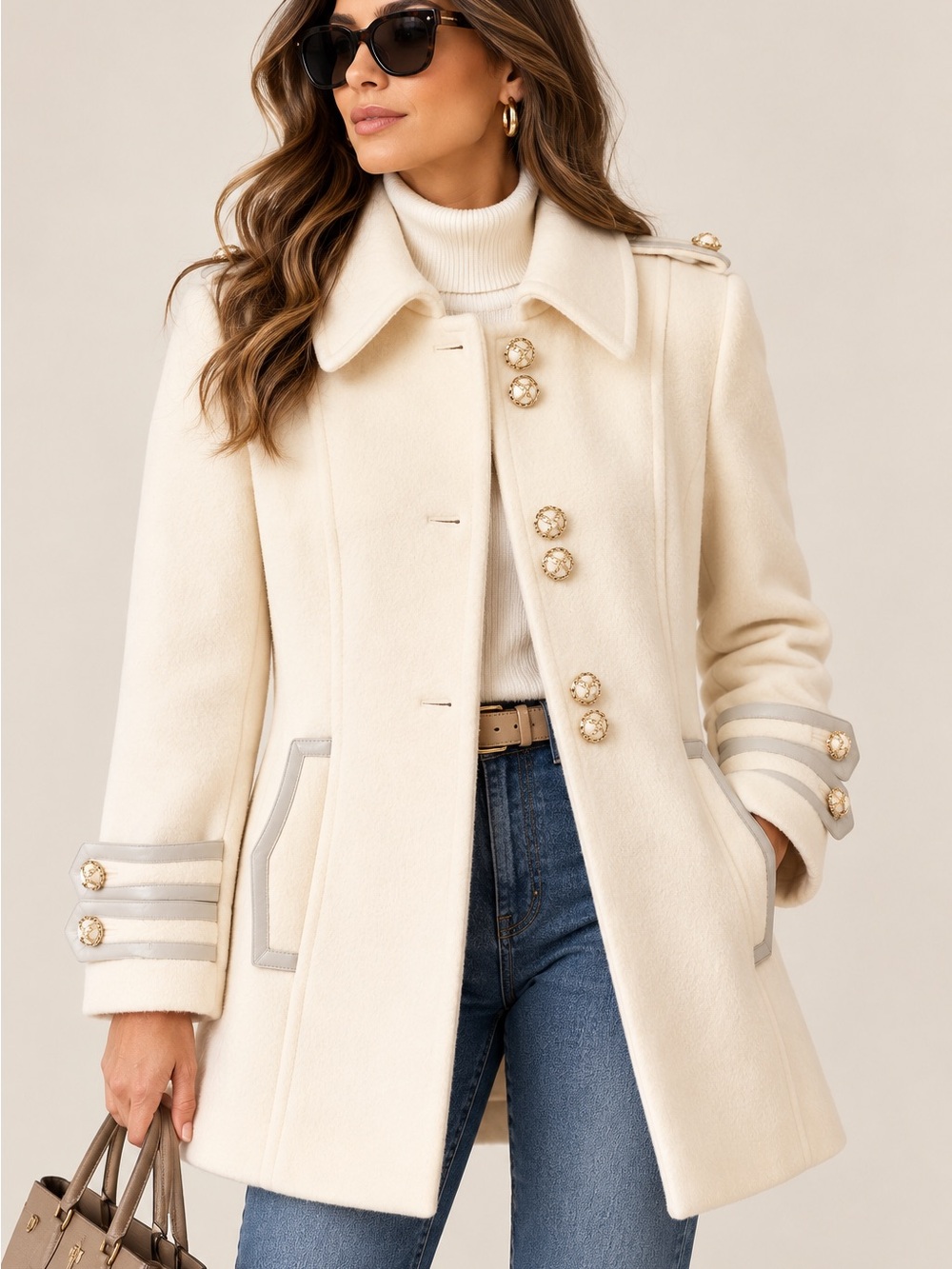 St. John Coat Collection Ivory Wool Cashmere Angora Leather Trim Gold Buttons si